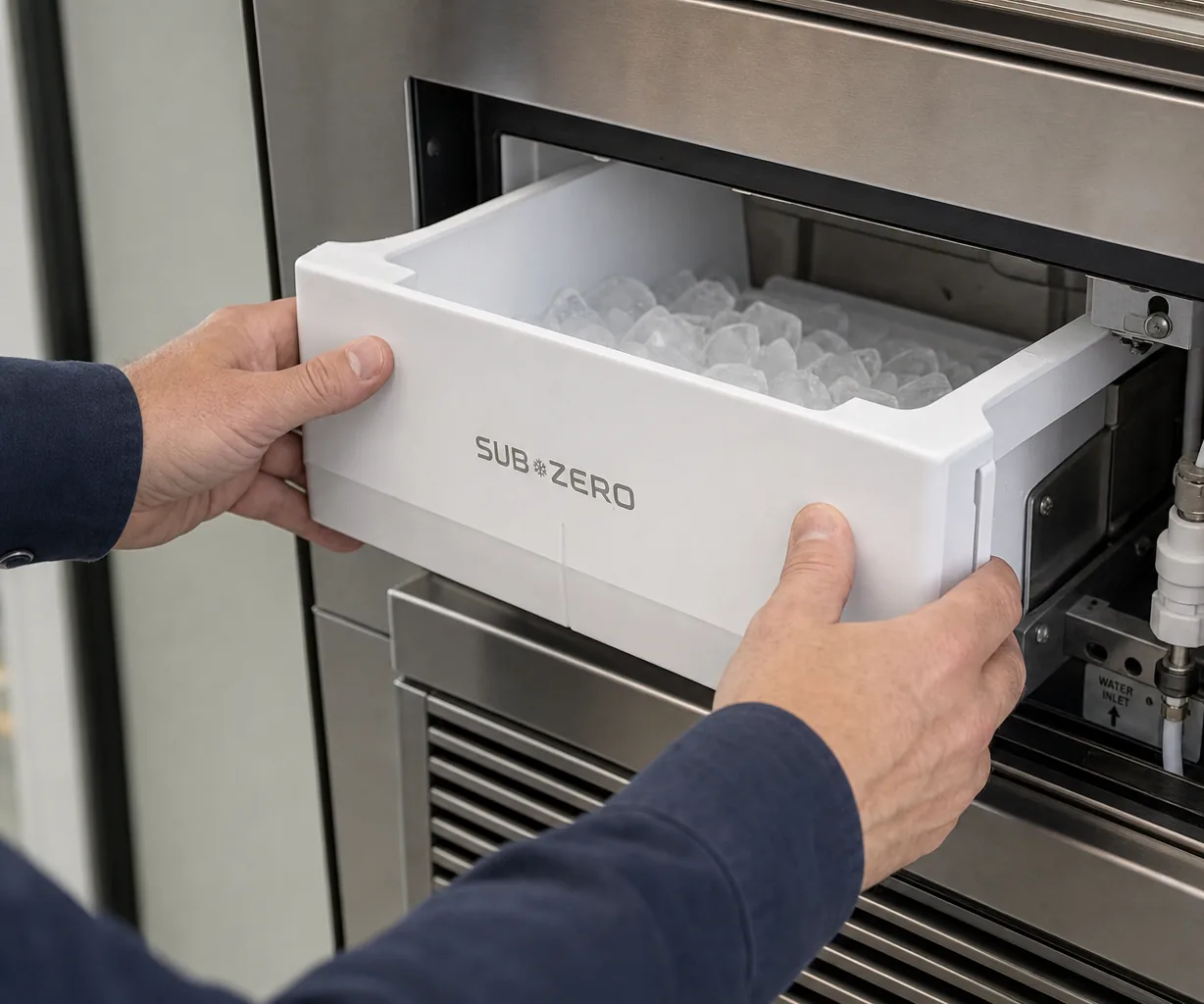 Technician servicing a built-in ice maker in a White Plains kitchen