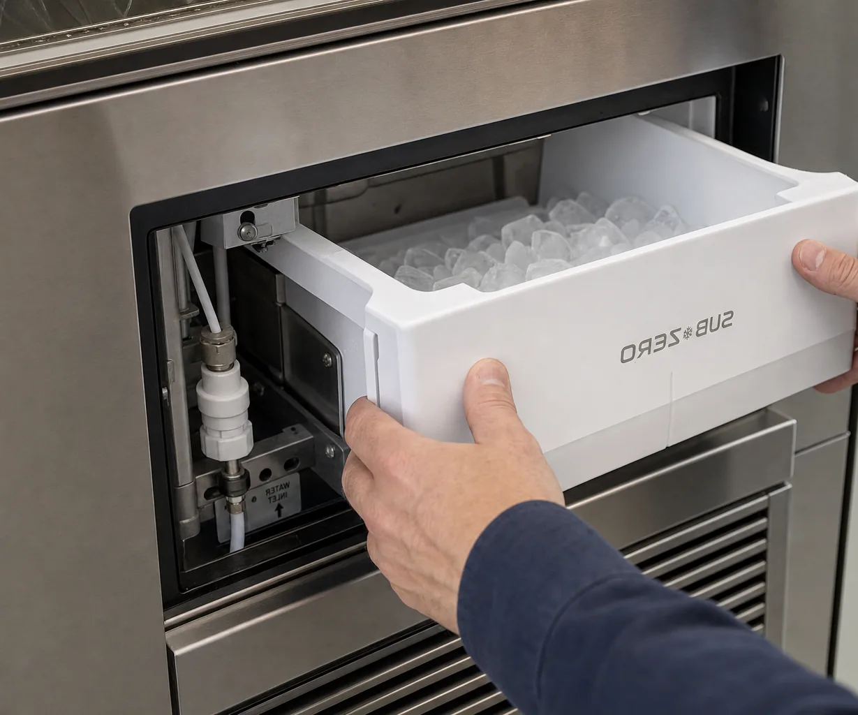 Technician servicing a built-in ice maker mid-repair