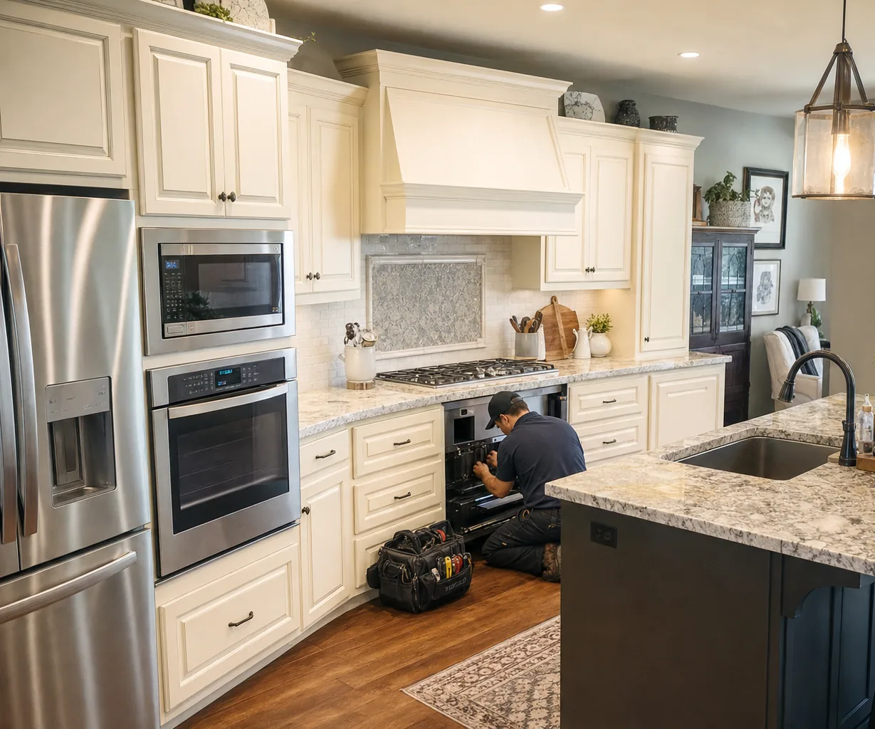 A luxury kitchen with built-in stainless appliances mid-repair