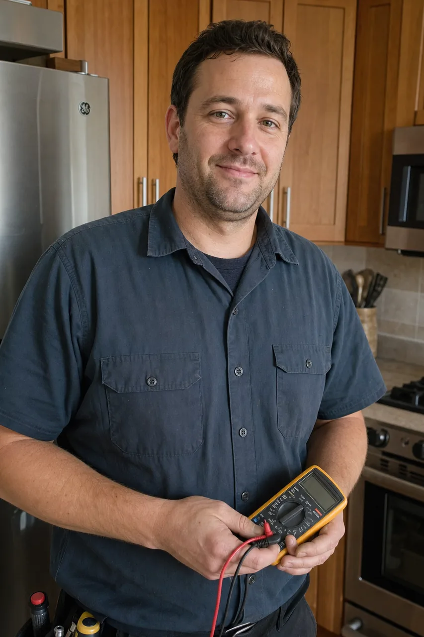 An appliance repair technician in a White Plains kitchen holding a meter