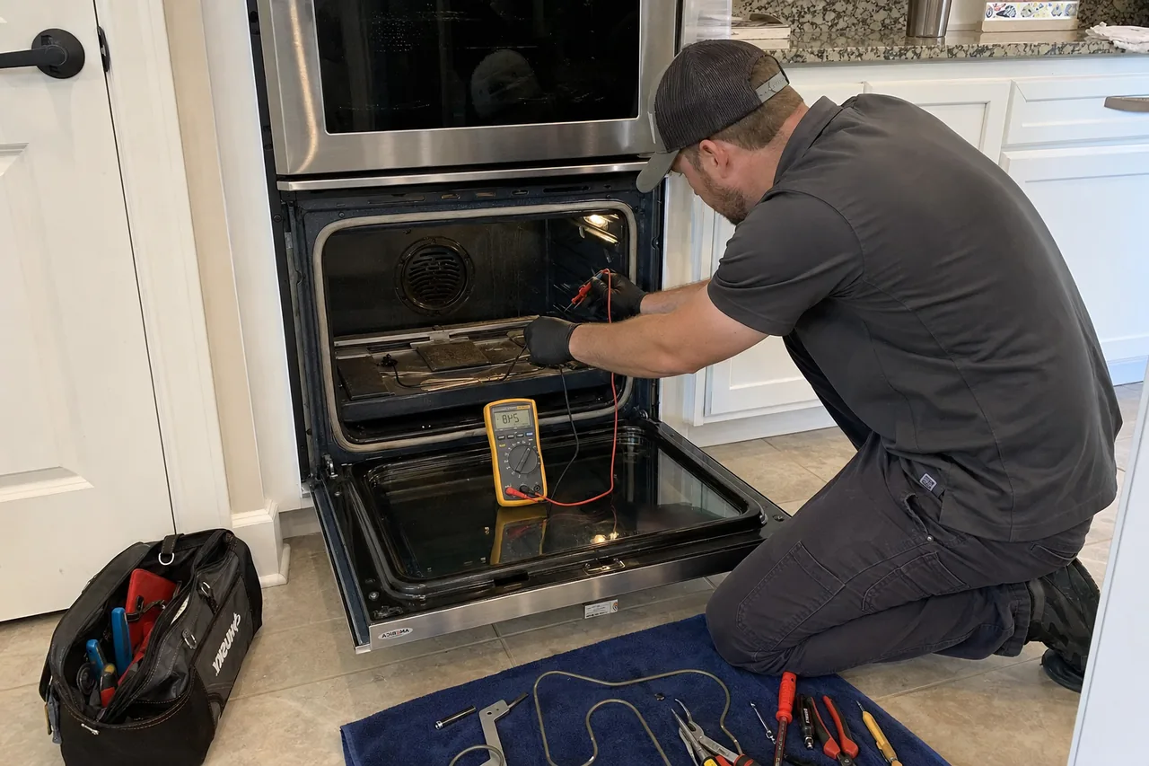 Technician servicing a built-in wall oven mid-repair
