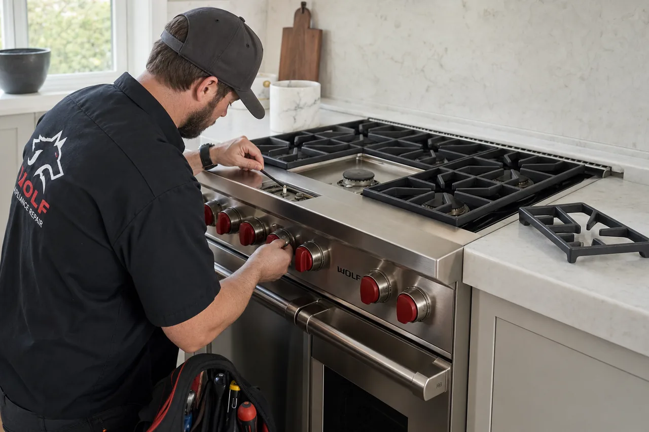 Technician servicing a stainless Wolf range